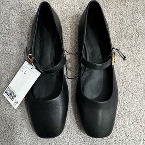 HM Black Suede Mary Jane Ballet Flats Square Toe Buckle Strap Shoes US 4
